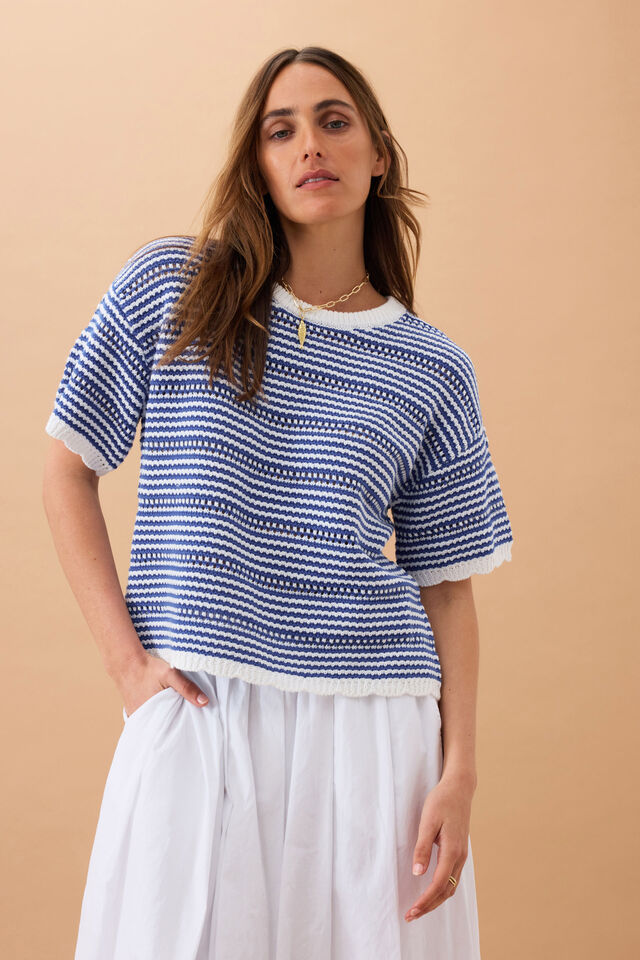 Nina Boxy Knit Tee - Summer Blue Stripe