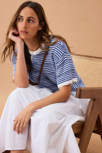 Nina Boxy Knit Tee - Summer Blue Stripe