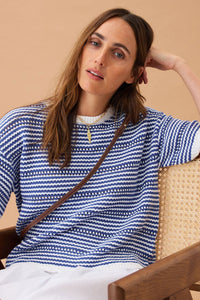Nina Boxy Knit Tee - Summer Blue Stripe