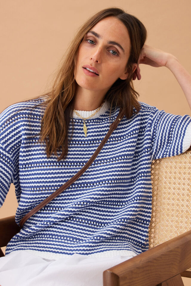 Nina Boxy Knit Tee - Summer Blue Stripe