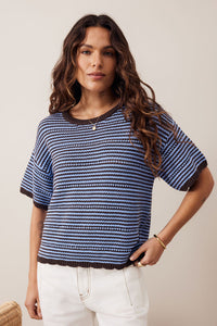 Nina Boxy Knit Tee - Brunette Sky Blue Stripe. Ceres Life