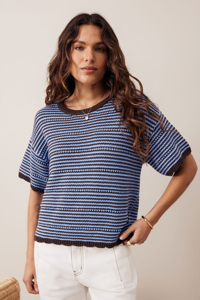 Nina Boxy Knit Tee - Brunette Sky Blue Stripe. Ceres Life