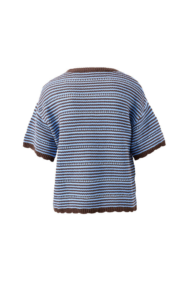 Nina Boxy Knit Tee - Brunette Sky Blue Stripe. Ceres Life