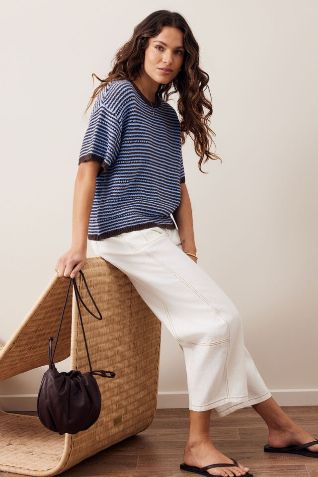 Nina Boxy Knit Tee - Brunette Sky Blue Stripe. Ceres Life