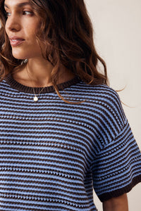 Nina Boxy Knit Tee - Brunette Sky Blue Stripe. Ceres Life