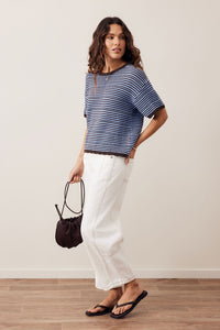 Nina Boxy Knit Tee - Brunette Sky Blue Stripe. Ceres Life