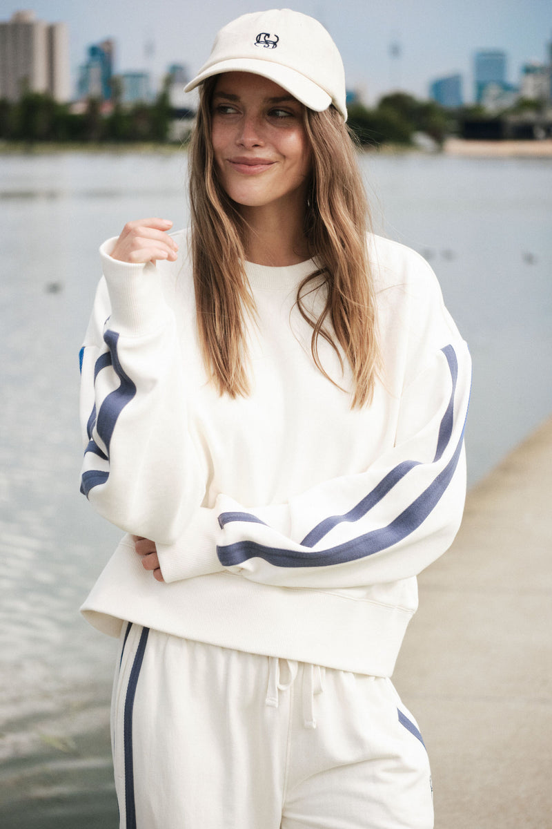 Sporty Slouchy Crew - Winter White Side Stripe