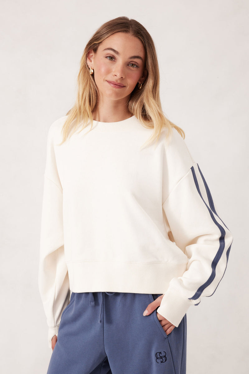 Sporty Slouchy Crew - Winter White Side Stripe