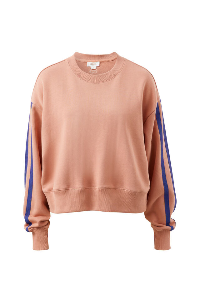 Sasha Sporty Slouchy Crew - Pink Clay Washed Navy Side Stripe