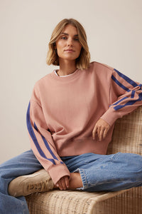 Sasha Sporty Slouchy Crew - Pink Clay Washed Navy Side Stripe