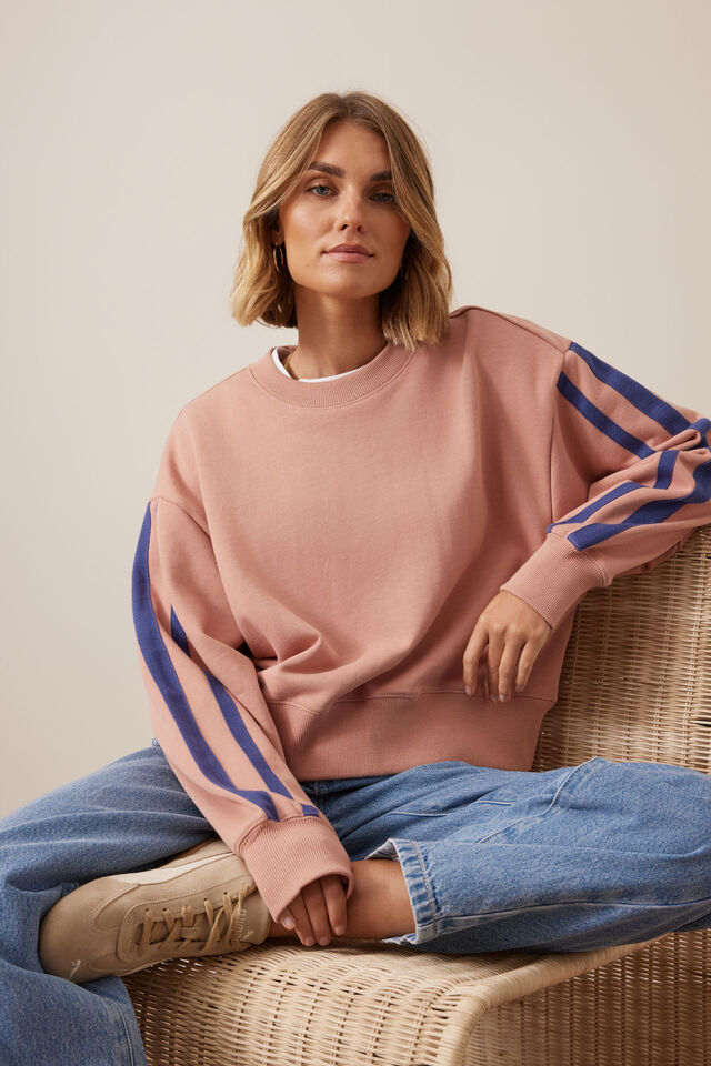 Sasha Sporty Slouchy Crew - Pink Clay Washed Navy Side Stripe
