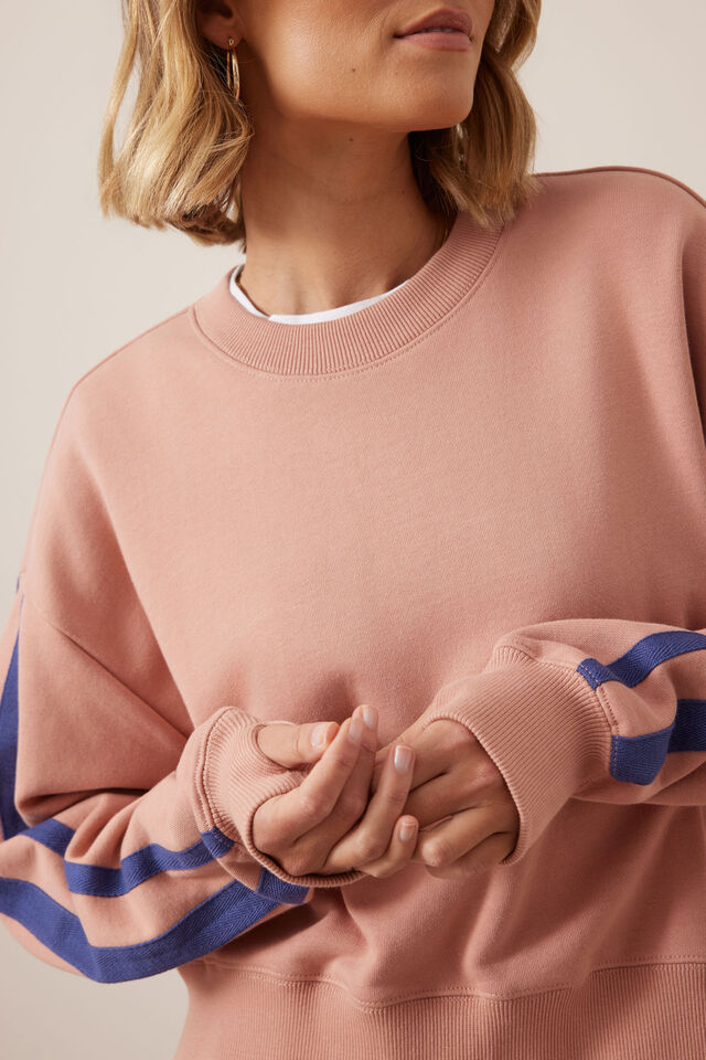 Sasha Sporty Slouchy Crew - Pink Clay Washed Navy Side Stripe