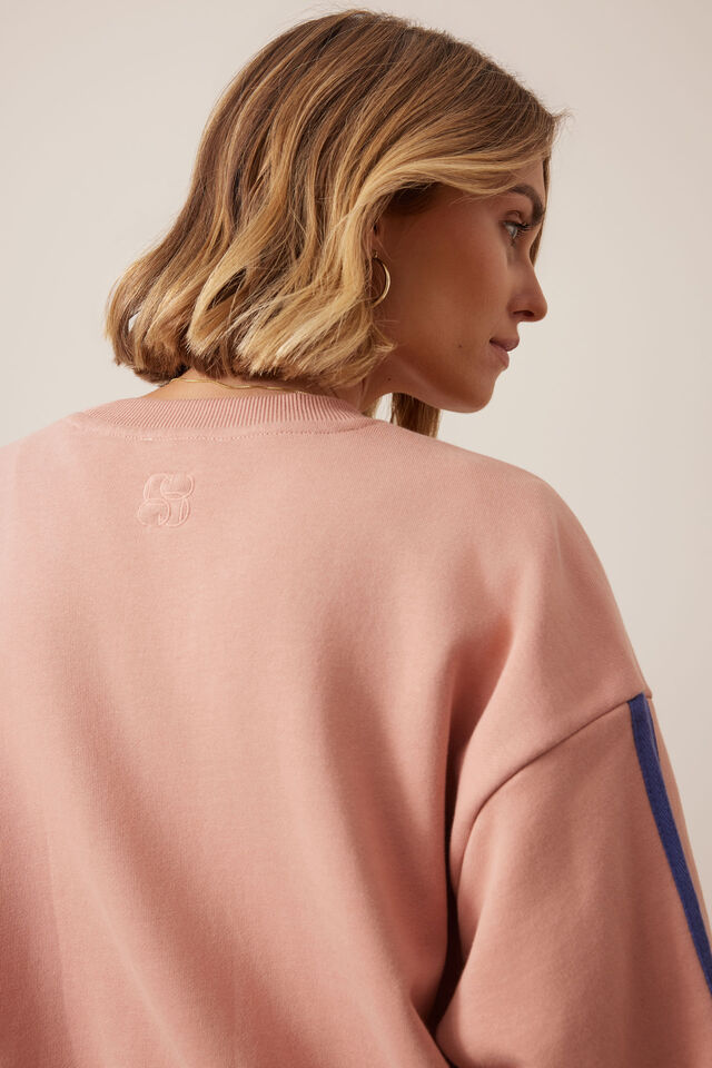 Sasha Sporty Slouchy Crew - Pink Clay Washed Navy Side Stripe