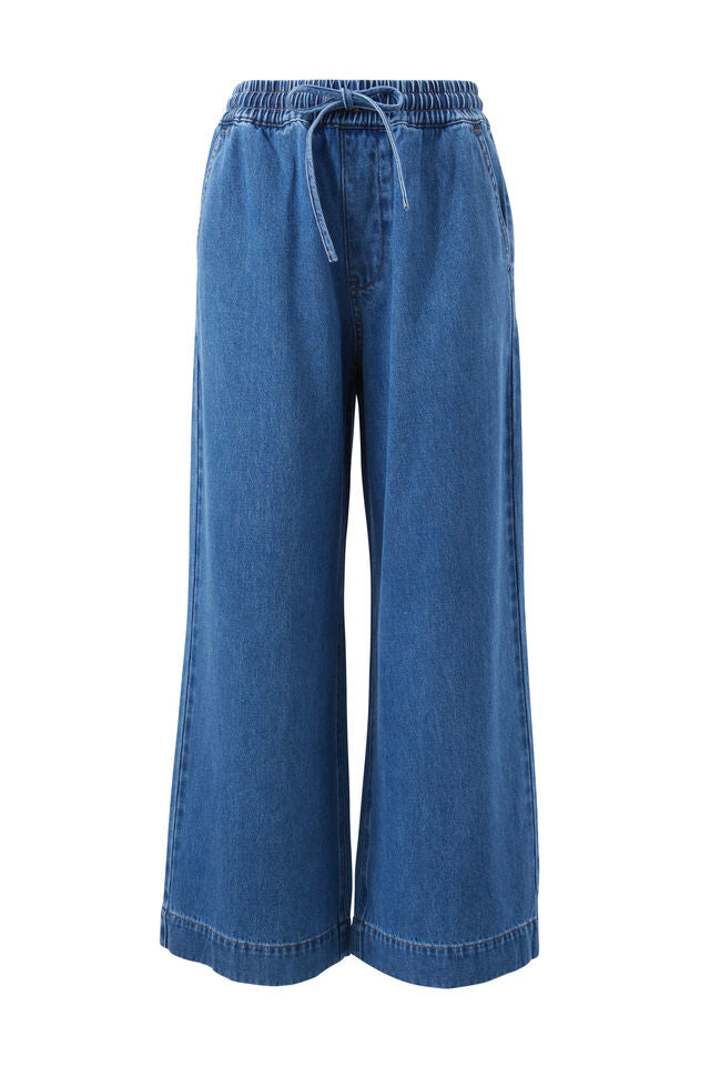 Andie Wide Leg Drawstring Pant - Mid Indigo