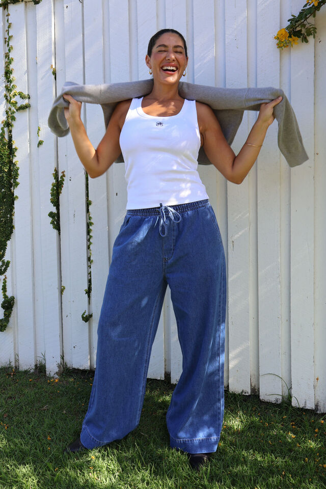 Andie Wide Leg Drawstring Pant - Mid Indigo