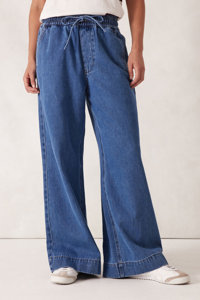 Andie Wide Leg Drawstring Pant - Mid Indigo
