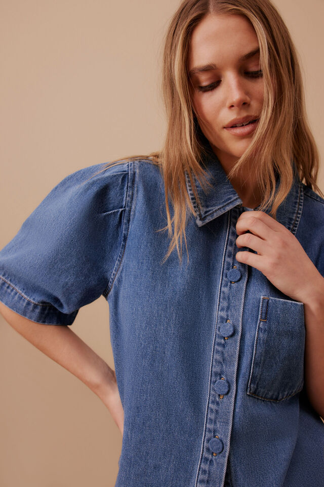 Dylan Pleat Sleeve Denim Shirt - Fresh Indigo