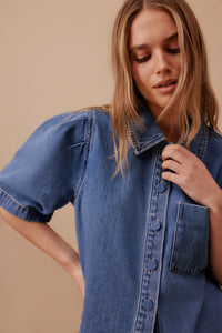 Dylan Pleat Sleeve Denim Shirt - Fresh Indigo