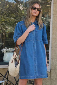 Dylan Pleat Sleeve Boxy Dress - Fresh Indigo
