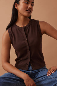 Lyla Button Through Rib Tank - Chocolate