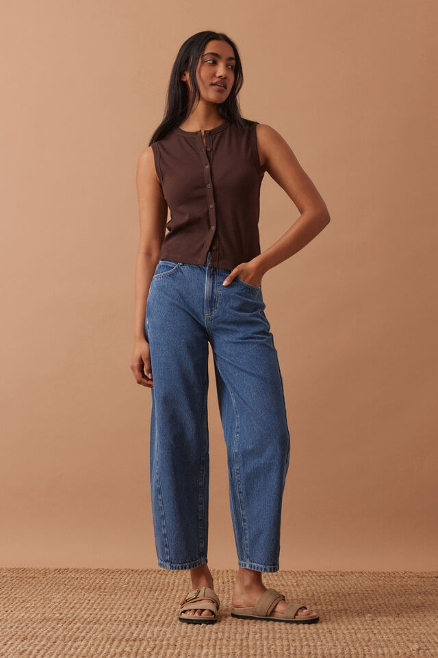 Lyla Button Through Rib Tank - Chocolate
