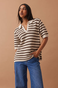 Molly Textured Stripe Short Sleeve Knit Tunic - Choc Stripe