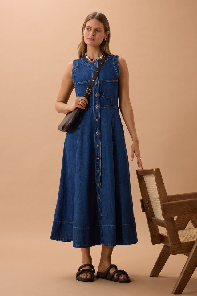 Hazel Sleeveless Midi Shirt Dress - Caspian Blue