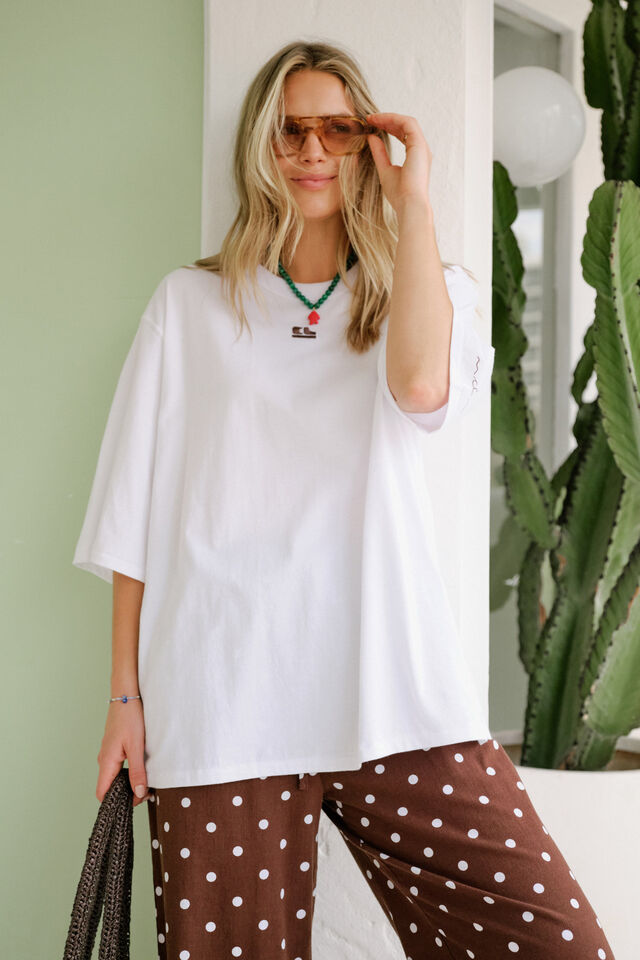 Liv Oversized Tee - White /Choc CL Embroidery