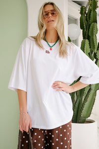 Liv Oversized Tee - White /Choc CL Embroidery