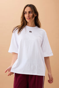 Liv Oversized Tee - White /Choc CL Embroidery