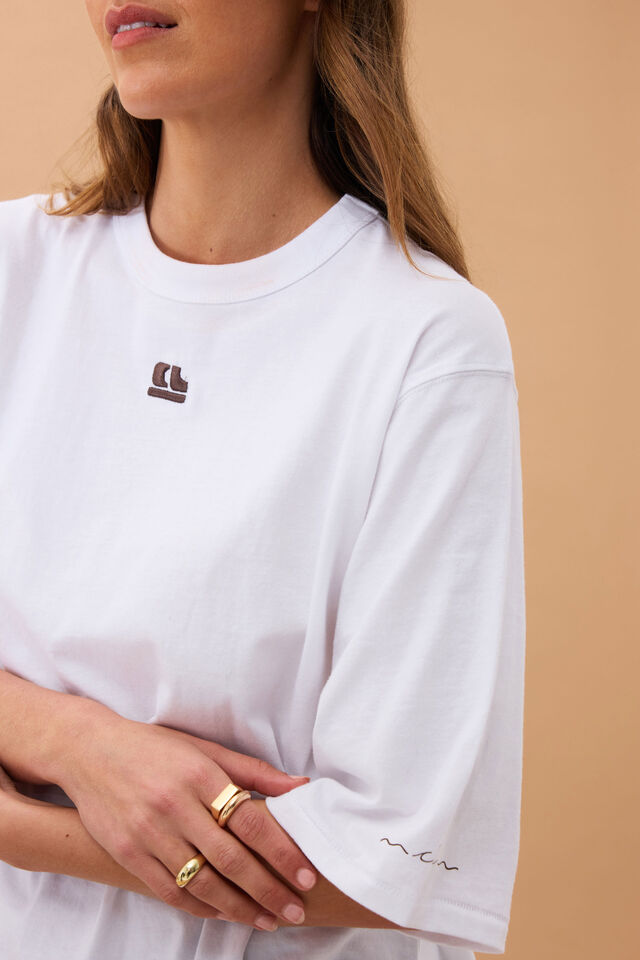 Liv Oversized Tee - White /Choc CL Embroidery