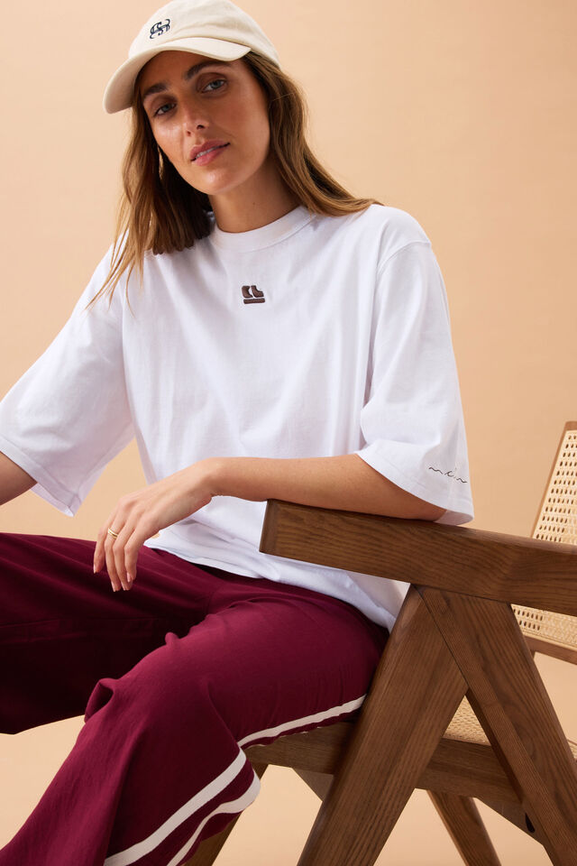 Liv Oversized Tee - White /Choc CL Embroidery