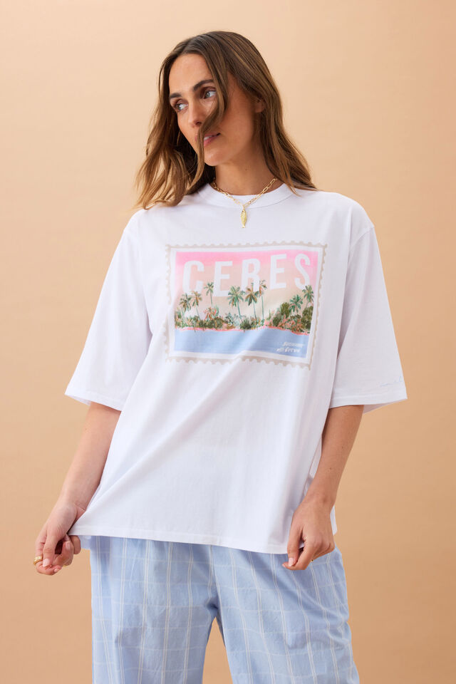 Liv Oversized Tee - White/Ceres Holiday Stamp