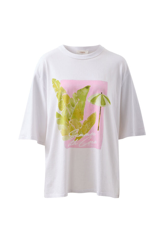 Liv Oversized Tee - White/Coastal Leaves