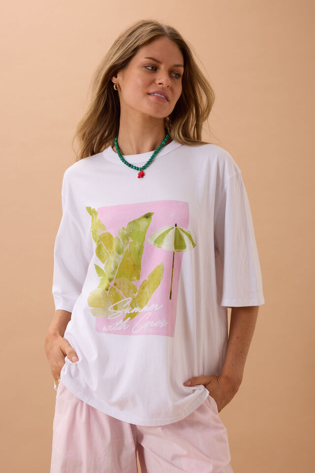 Liv Oversized Tee - White/Coastal Leaves