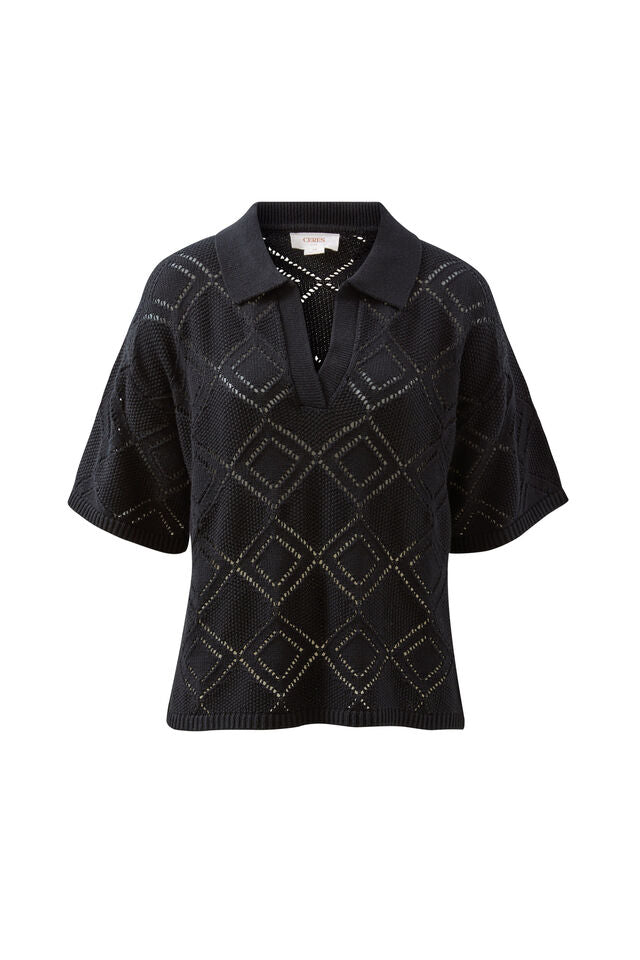 Demi Diamond Knit Collared Tee - Black