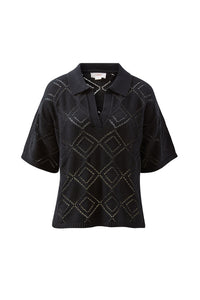 Demi Diamond Knit Collared Tee - Black