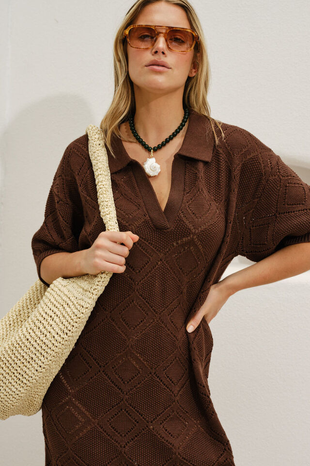 Daisy Diamond Knit Mini Dress - Chocoalte