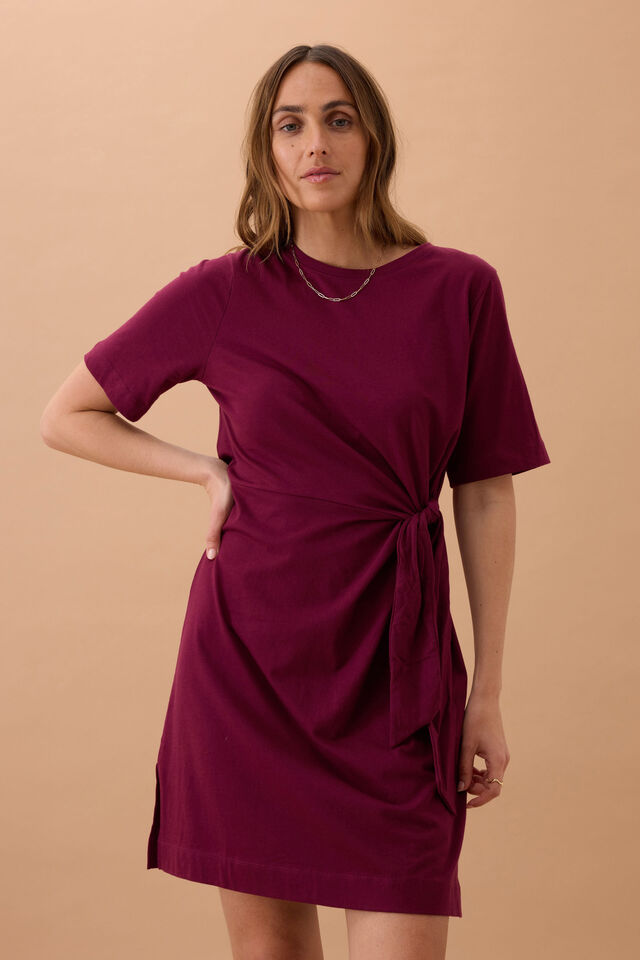 Agnes Tie Mini Tee Dress - Pomegranate