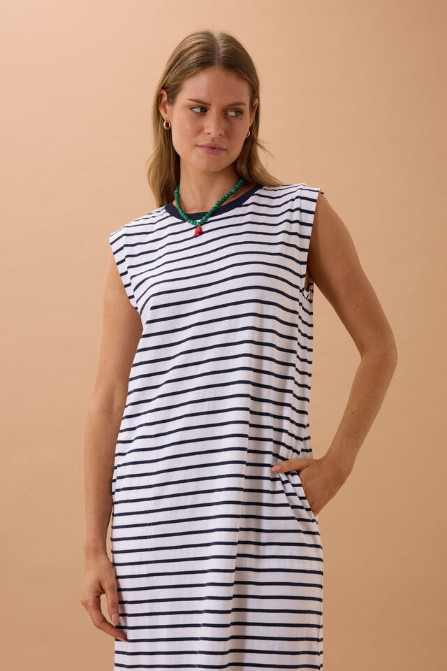 Paloma Dress - White/French Navy Stripe
