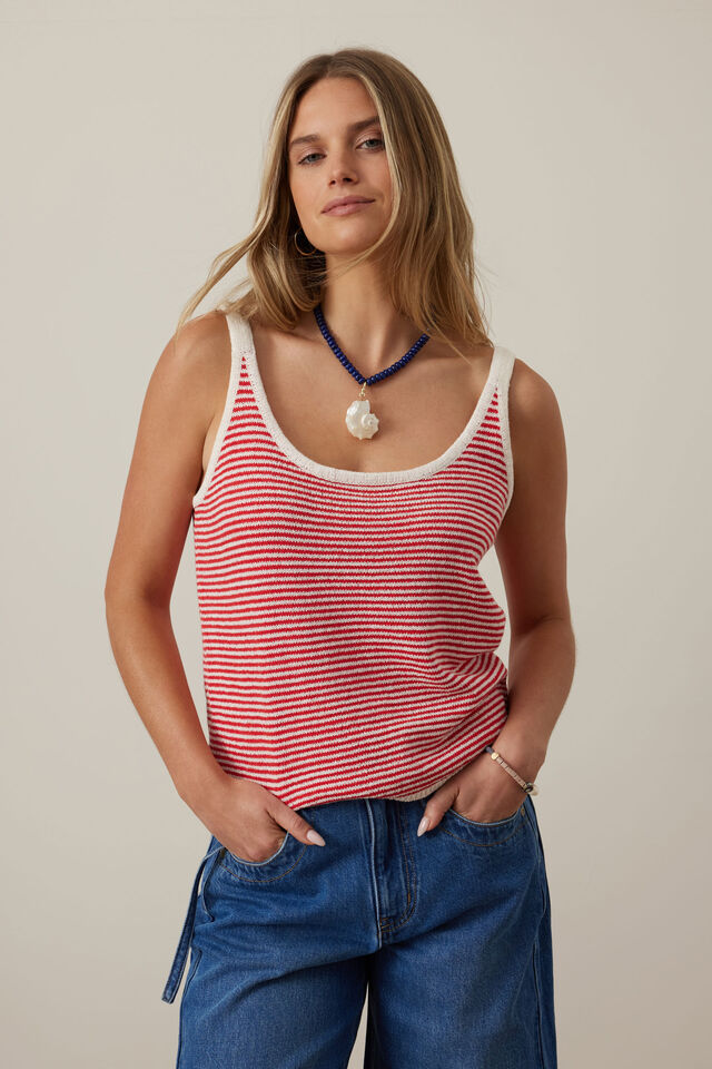 Fia Stripe Knit Tank - Fiery Red Ecru Stripe