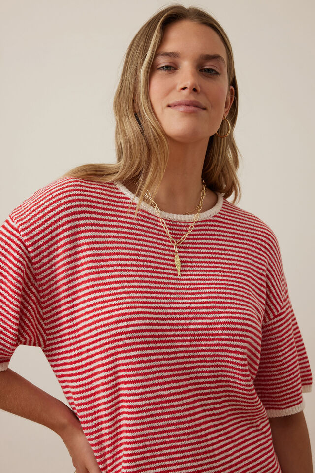 Fia Stripe Knit Mini Dress - Fiery Red Ecru Stripe