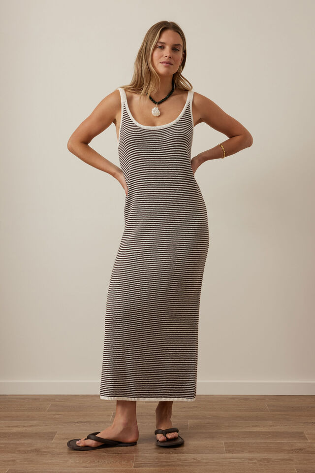Fia Stripe Knit Midi Dress - Chocolate Ecru Stripe