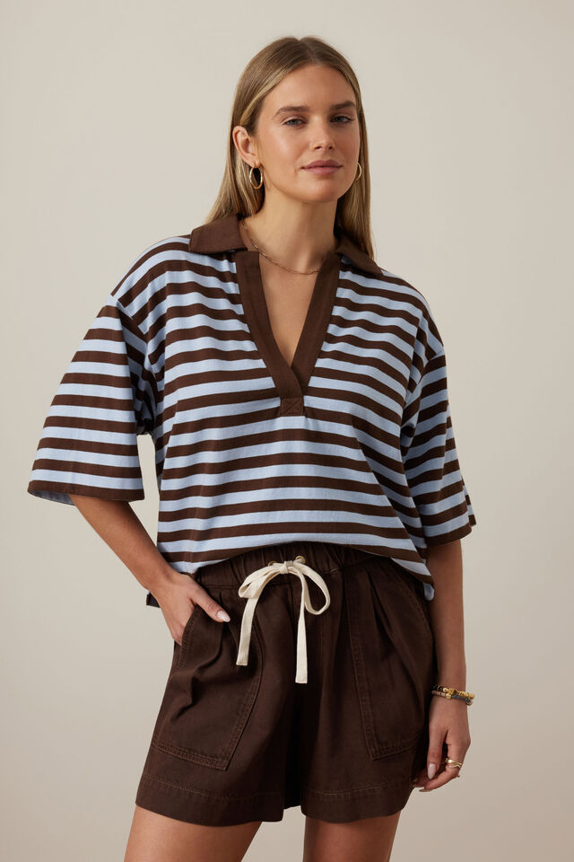 Arlie Short Sleeve Rugby - Choc/Chalk Stripe
