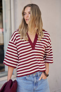 Arlie Short Sleeve Rugby - Burgundy/Milk Stripe