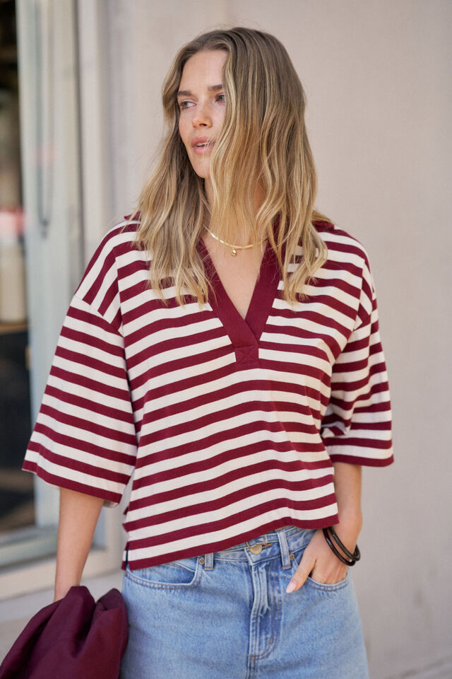 Arlie Short Sleeve Rugby - Burgundy/Milk Stripe