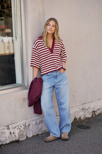 Arlie Short Sleeve Rugby - Burgundy/Milk Stripe