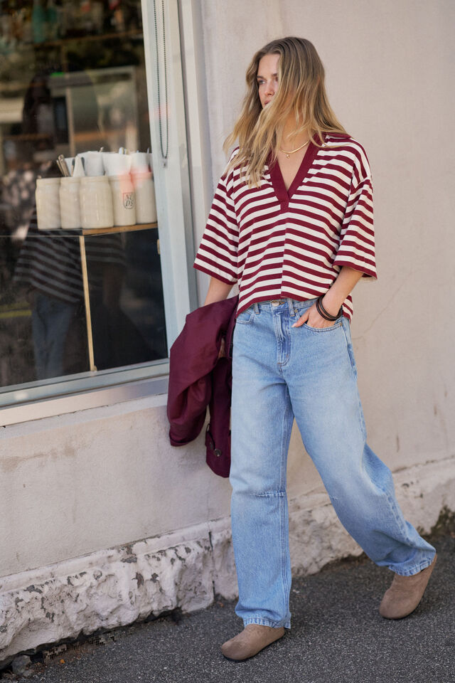Arlie Short Sleeve Rugby - Burgundy/Milk Stripe