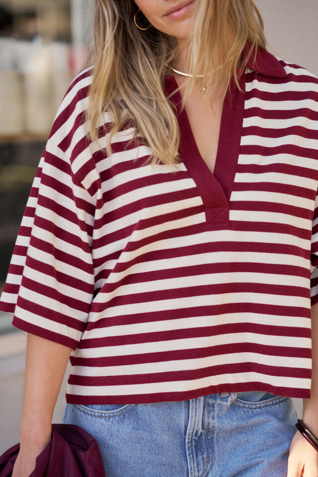 Arlie Short Sleeve Rugby - Burgundy/Milk Stripe