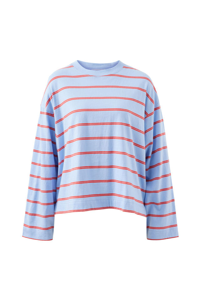 Beau Long Sleeve Slouchy Tee - China Blue/Vintage Red Double Stripe